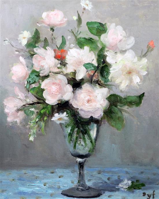 § Marcel Dyf (1899-1985) Roses, pot de verre 17.5 x 14.5in.